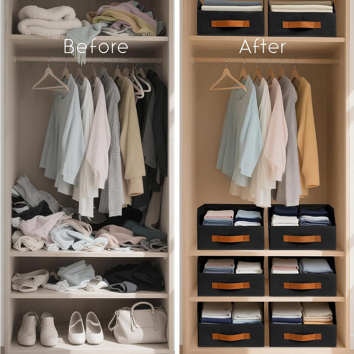Homsorout Fabric Storage Bins for Organizing - Large Trapezoid Collapsible Storage Bins with Front Handle, Closet Organizers and Storage for Bedroom, Home Shelves, Small Spaces, Beige