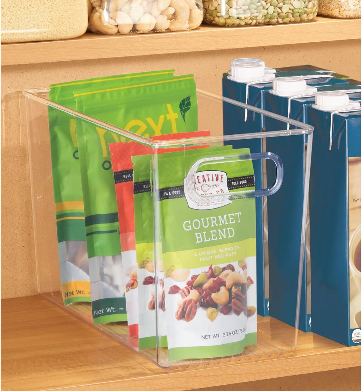 mDesign Plastic Modern Kitchen, Pantry Food Storage Container Bin w/ Handles - Cabinet, Fridge/Freezer, Countertop Organizer - Snacks/Drink/Appliances; Ligne Collection, Clear, 10x5x8 (Pack of 2)