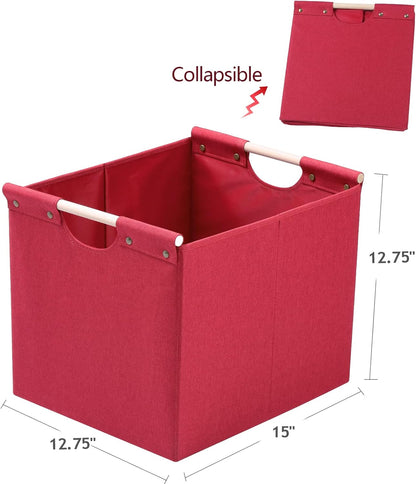 HOONEX Large Collapsible Storage Bins, Linen Fabric, Pack of 2, Storage Baskets with Wooden Carry Handles and Sturdy Heavy Cardboard, for Home, Office, Car, Nursery, Black