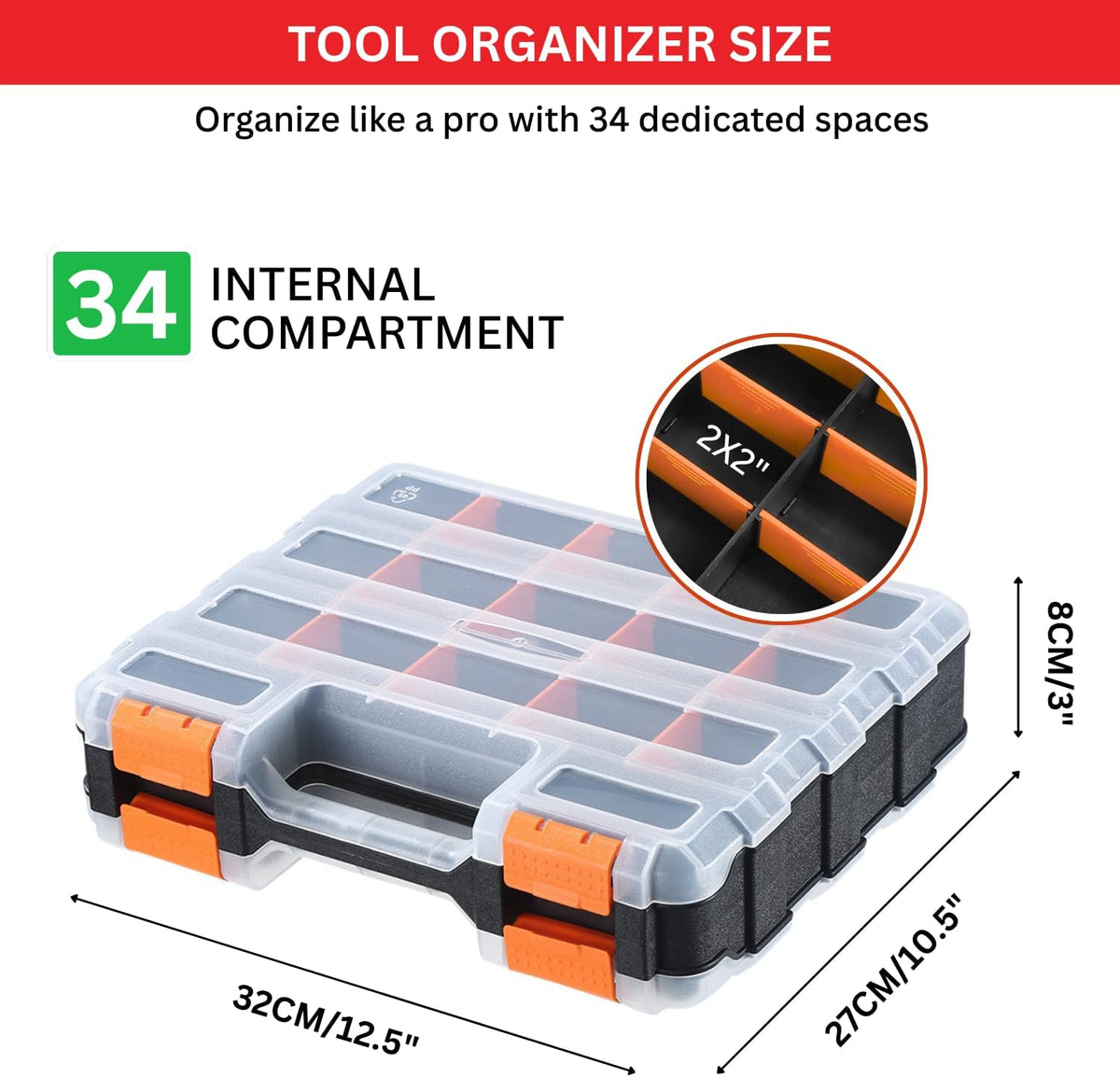 Andalus Tools Organizer Box, Small Parts Storage 34-Compartment Double-Sided Portable Hardware Organizer Removable Plastic Dividers for Screws, Nuts, Bolts, Nails – Orange (12.5" x 10.5" x 3")
