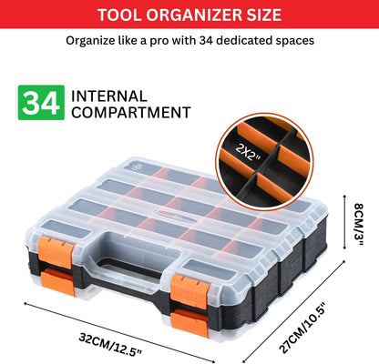 Andalus Tools Organizer Box, Small Parts Storage 34-Compartment Double-Sided Portable Hardware Organizer Removable Plastic Dividers for Screws, Nuts, Bolts, Nails – Orange (12.5" x 10.5" x 3")