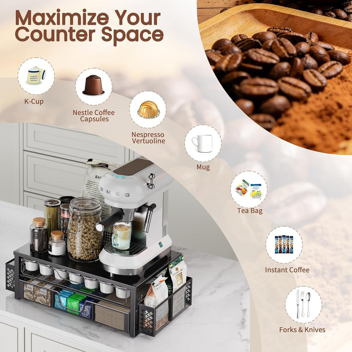 Ekisemio K Cup Organizer, Coffee Pod Holder for Counter with 2 Tier Sliding Storage Drawer & Hanging Baskets, Holds 63 Large or 80 Small Capsules for Coffee Bar, Black