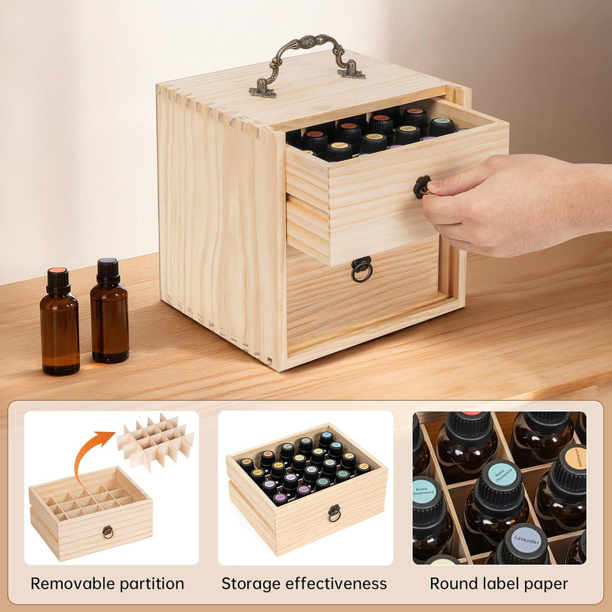 TORIBIO Essential Oil Storage Box for 60 Bottles, Wooden Essential Oils Holder Organizer Holds 5-30ml for Young Living & Doterra Bottles