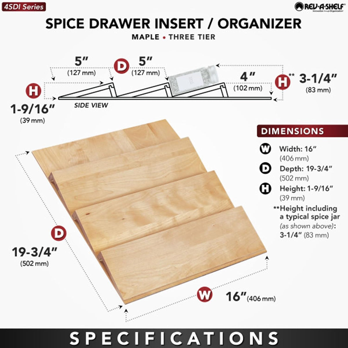 Rev-A-Shelf 36" 3 Tiered Seasoning Organizer, Trim-to-Custom-Fit Wooden Kitchen Draw and Cabinet Home Storage Insert, Pull Out Spice Rack, Maple, 4SDI-36-1