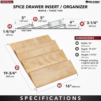 Rev-A-Shelf 36" 3 Tiered Seasoning Organizer, Trim-to-Custom-Fit Wooden Kitchen Draw and Cabinet Home Storage Insert, Pull Out Spice Rack, Maple, 4SDI-36-1