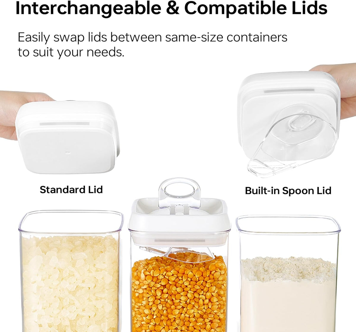 Felli Flip Tite Storage Container with Built-In Spoon & Airtight Lid 5” Large-M Ring Flip Top, Stackable Acrylic Canister for Sugar Flour Powder, Kitchen Pantry Organizer (1.8qt), 2 spoons