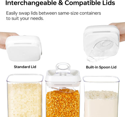 Felli Flip Tite Storage Container with Built-In Spoon & Airtight Lid 5” Large-M Ring Flip Top, Stackable Acrylic Canister for Sugar Flour Powder, Kitchen Pantry Organizer (1.8qt), 2 spoons