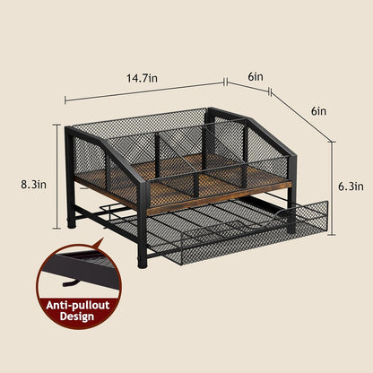 Homsorout Coffee Bar Organizer - Coffee Station for Countertop, Metal and Wood K Cup holder Storage Basket for Coffee Pods, Syrup, Cups, Stirrer, Coffee Condiment, Tea Organizer, Black and Brown