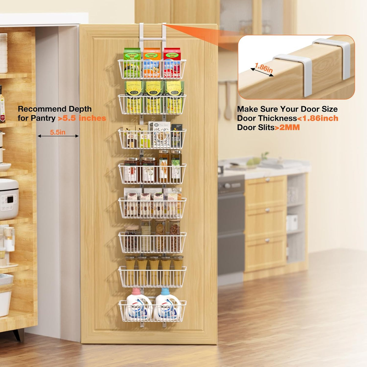 10 Tier Over the Door Pantry Organizer, Over the Door Spice Rack with Adjustable Baskets, Metal Hanging Door Pantry Organizers and Storage for Kitchen Bathroom Bedroom, White