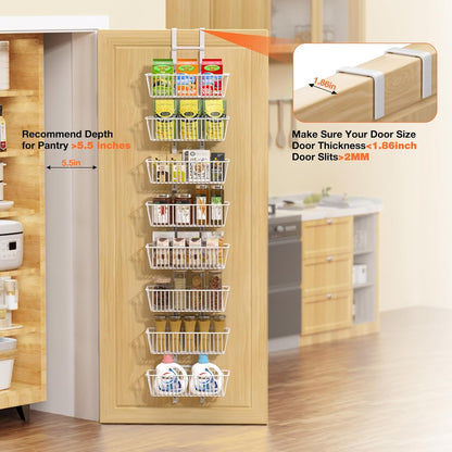 10 Tier Over the Door Pantry Organizer, Over the Door Spice Rack with Adjustable Baskets, Metal Hanging Door Pantry Organizers and Storage for Kitchen Bathroom Bedroom, White
