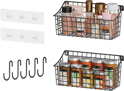 Sonyabecca 6 Pack Hanging Wall Basket for Organizing, Large Wire Basket for Storage Pantry with 5 S Hook+6 Adhesive Hook, Wall Mounted Shelf for Kitchen Bathroom
