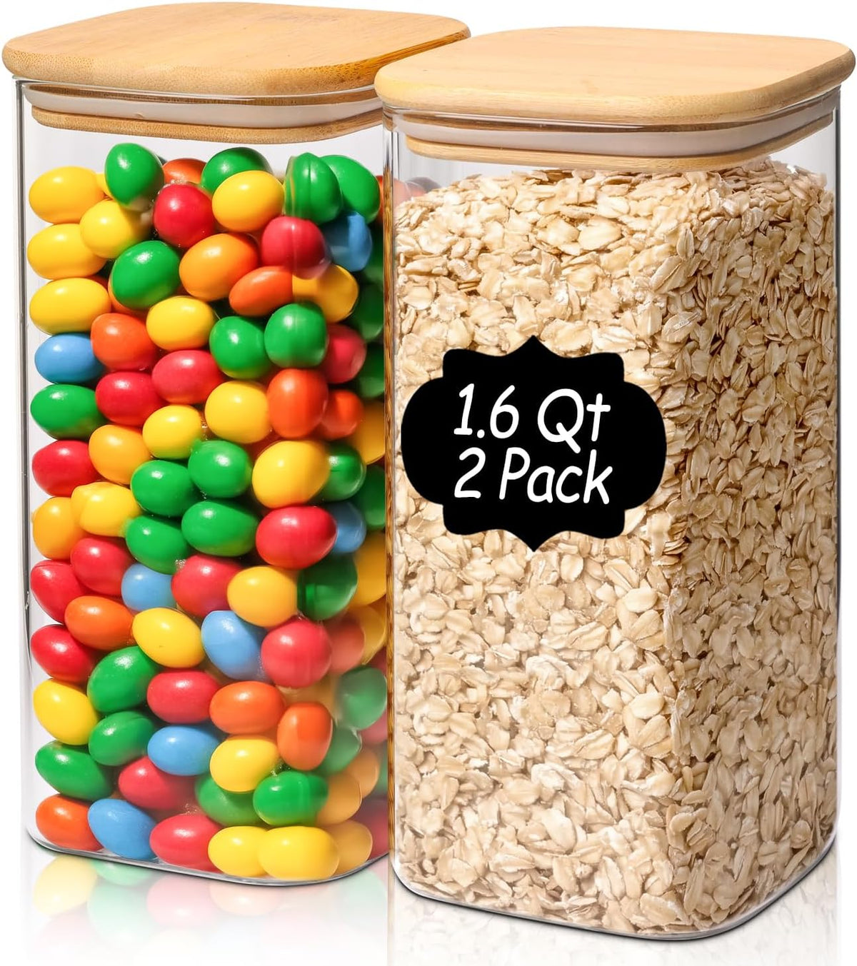 1Qt Airtight Glass Canisters with Bamboo Lid, Square Pantry Storage Containers for Coffee, Cookie, Candy, Snack, Nuts, Dry Goods - Kitchen & Pantry Organizers and Storage Containers