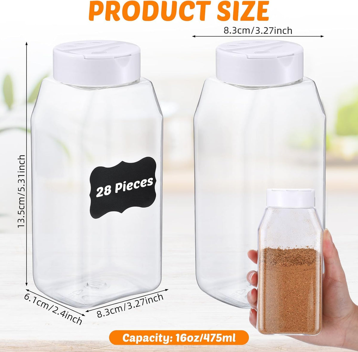 Mifoci 28 Pack 16 oz Plastic Spice Jars with Cap Square Plastic Bottle Containers with Shaker Lids and Stickers Large Seasoning Shaker Empty Powder Storage Container for Storing Salt Herbs (Black)