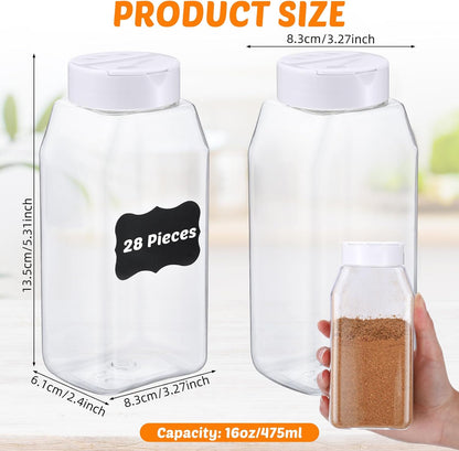 Mifoci 28 Pack 16 oz Plastic Spice Jars with Cap Square Plastic Bottle Containers with Shaker Lids and Stickers Large Seasoning Shaker Empty Powder Storage Container for Storing Salt Herbs (Black)