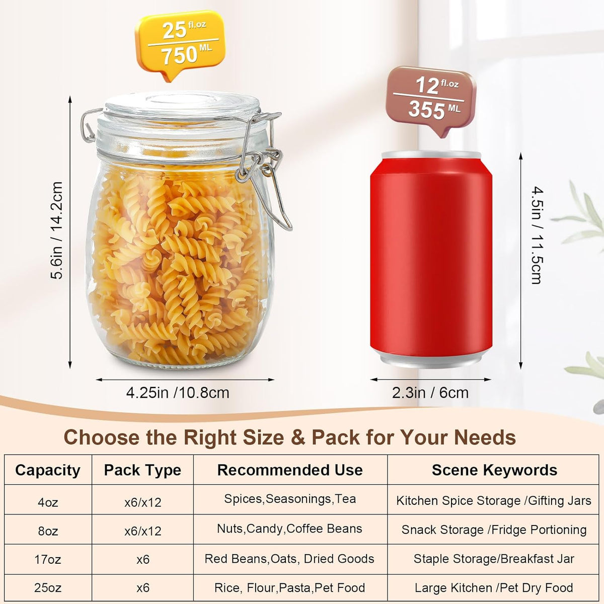 17oz Airtight Glass Jars, 6 Pack Clamp Lid Canisters, Small Food Storage Containers for Spices, Nuts, Snacks, Canning Jar for Jams & Pickling, Pantry Organization