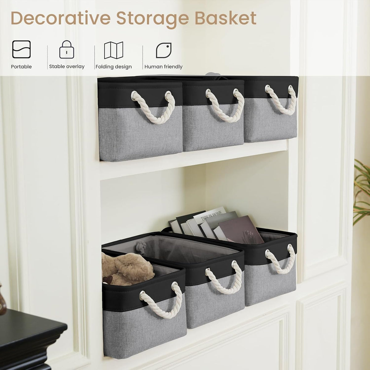 Large Storage Baskets- 15.7x11.8x8.26 inch Storage Bins for Shelves and Closet Organizing, Foldable Fabric Bin for Home Organization Clothes and Laundry (3-Pack, White&Khaki)