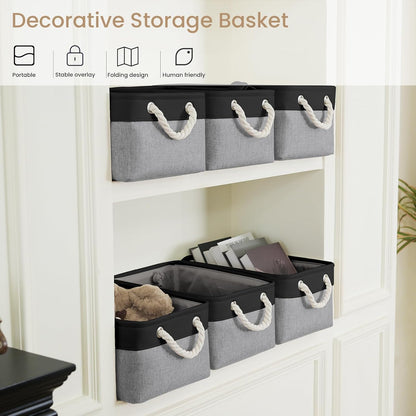 Large Storage Baskets- 15.7x11.8x8.26 inch Storage Bins for Shelves and Closet Organizing, Foldable Fabric Bin for Home Organization Clothes and Laundry (3-Pack, White&Khaki)