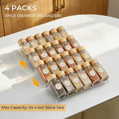 UFORU Acrylic Spice Drawer Organizer 4 Tier(4 Packs), Expandable from 11" to 22" Seasoning Organizer Tray for Kitchen - Clear Tiered Spice Rack for Drawer, No Assembly Required(Jars Not Included)