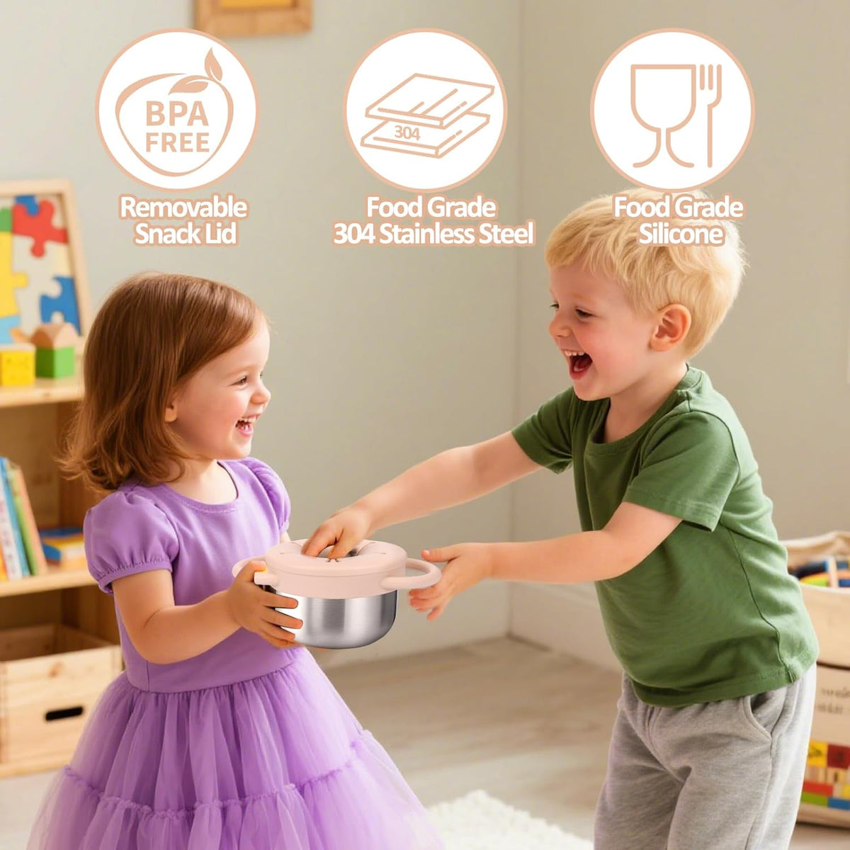 BUSOHA 2 Pack Stainless Steel Toddler Snack Cups - 9 OZ Spill-Proof Baby Snack Containers with Silicone Catcher and Lid Travel Snack Containers for Kids Food Grade Silicone Dishwasher Safe
