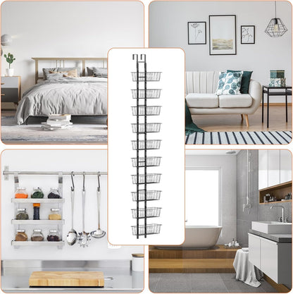 10 Tier Over the Door Pantry Organizer, Over the Door Spice Rack with Adjustable Baskets, Metal Hanging Door Pantry Organizers and Storage for Kitchen Bathroom Bedroom, White
