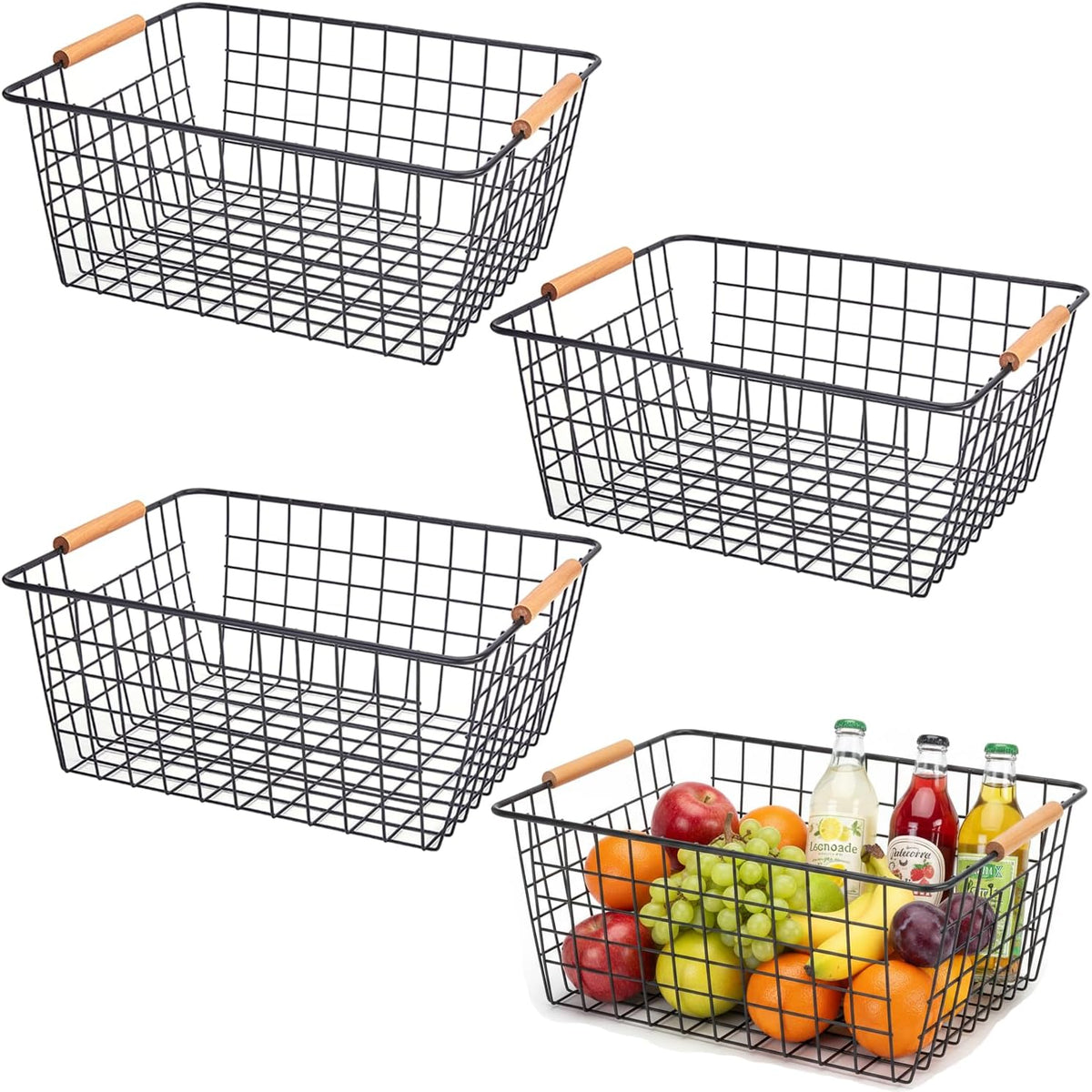 White Metal Wire Food Storage Basket with Wooden Handles for Organizing Snack Basket,Pantry Organizers and Storage for Kitchen Cabinets 4 Pack (Medium)