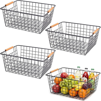 White Metal Wire Food Storage Basket with Wooden Handles for Organizing Snack Basket,Pantry Organizers and Storage for Kitchen Cabinets 4 Pack (Medium)