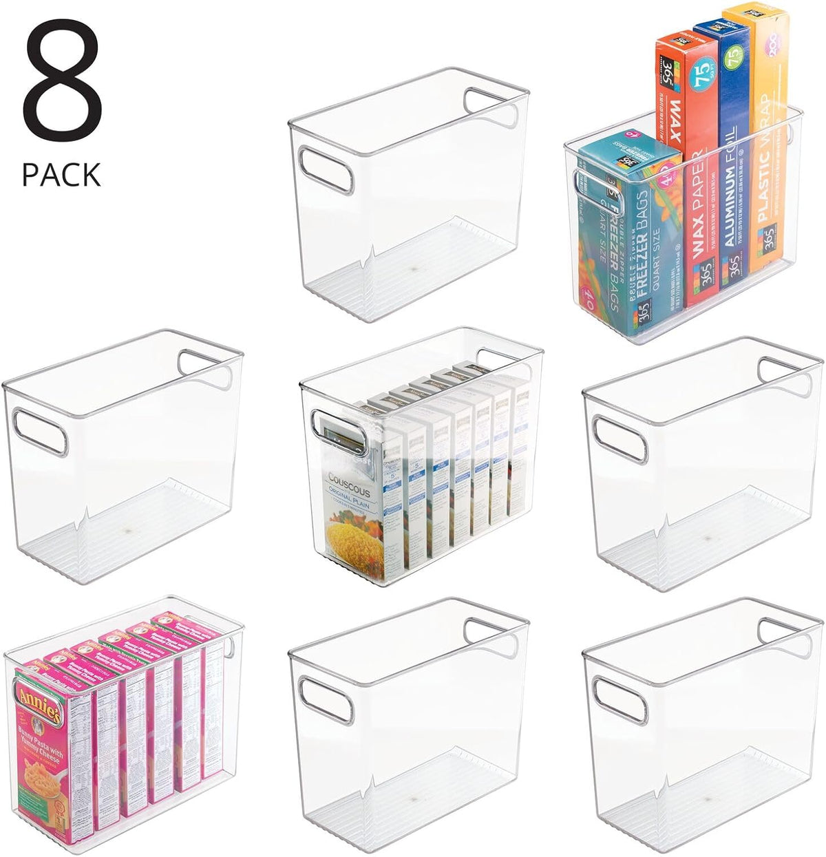 mDesign Plastic Deep Kitchen and Pantry Organizer Storage Bin with Handles for Cabinet, Fridge, Freezer - Food Storage Containers for Snacks, Yogurt Pouches or Fruit, Ligne Collection, 4 Pack, Clear