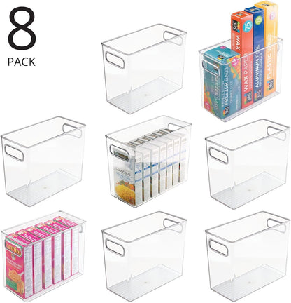 mDesign Plastic Deep Kitchen and Pantry Organizer Storage Bin with Handles for Cabinet, Fridge, Freezer - Food Storage Containers for Snacks, Yogurt Pouches or Fruit, Ligne Collection, 4 Pack, Clear