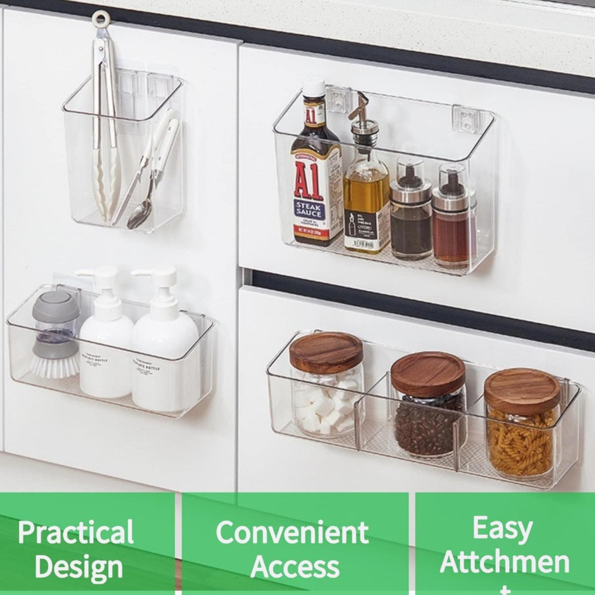 vacane Plastic Adhesive Mount Over Cabinet Door Organizer, Wall Organization Container Makeup Organizer Hanging Basket Bins for Kitchen, Pantry, Craft Room, Office, Space Saving Holder