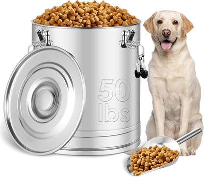 Stainless Steel Dog Food Storage Container,20LB/25LB Airtight Dog Food Storage Container with Lid to Keep Fresh,Easy Clean Large Pet Food Storage Container with Scoop for Cat Food,Chicken Feed,Rice