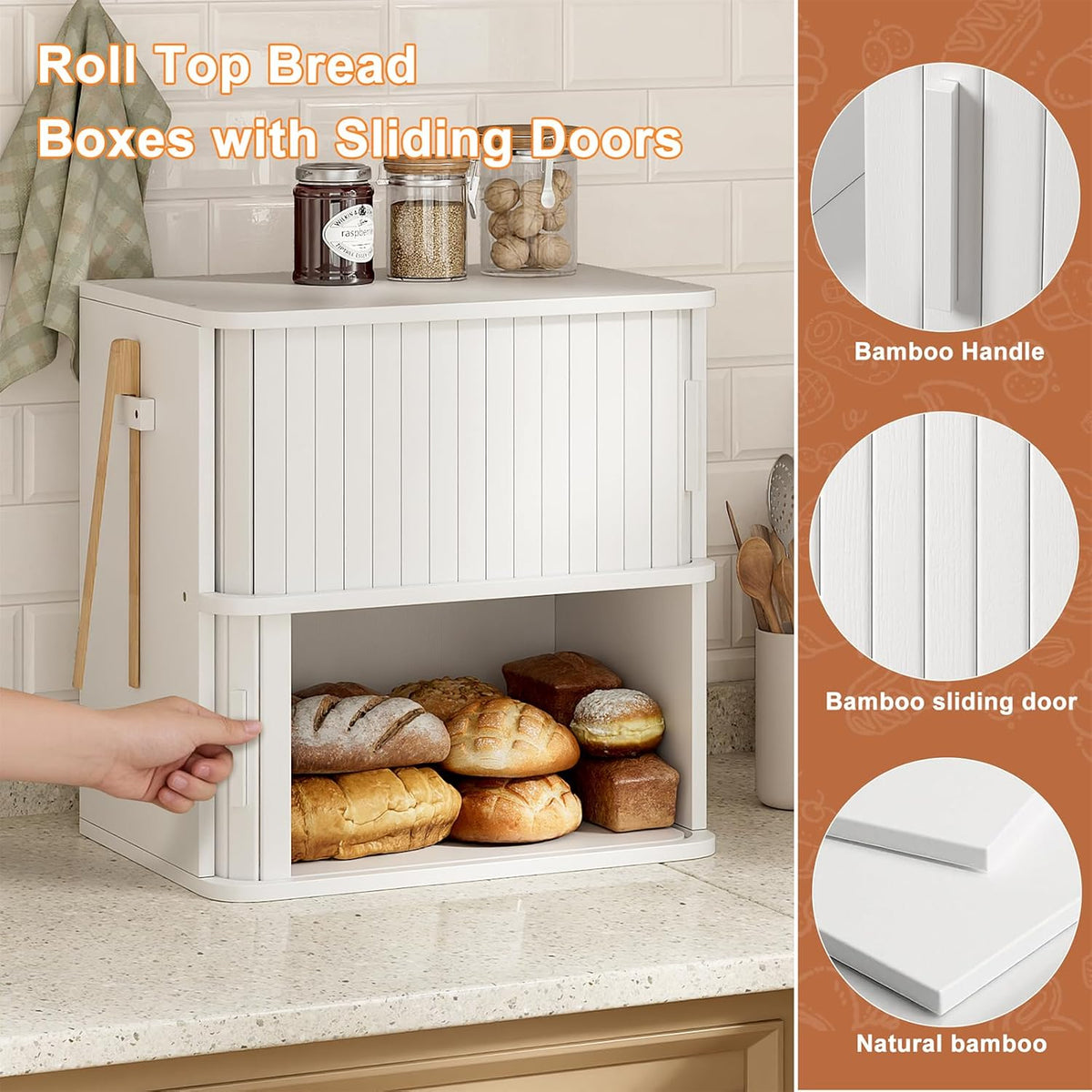WOWLIVE Bread Box for Kitchen Countertop, Large Roll Top Bread Boxes with Sliding Door, Airtight Bread Storage Container for Loaves, Pastries & Bagels, Bamboo Counter Organizer (Natural, Medium)