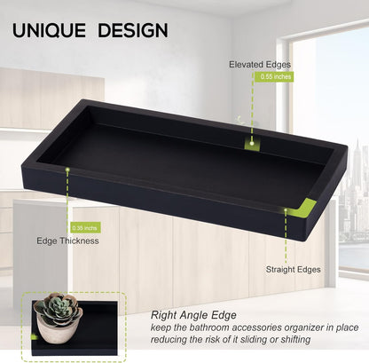 Small Silicone Bathroom Vanity Tray Rectangle Soap and Sponge Holder Kitchen Sink Organizer for Scrubber, Lotion Bottles, Perfume, Jewelry, Candle, Key Trinket Ring, Black