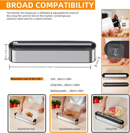 Aluminum Foil & Plastic Wrap Dispenser with Cutter - Magnetic & No-Drill Wall Mount, Stainless Steel Design, Space-Saving Kitchen organizer for Countertops & Cabinets - Fits 12" Rolls, Silver