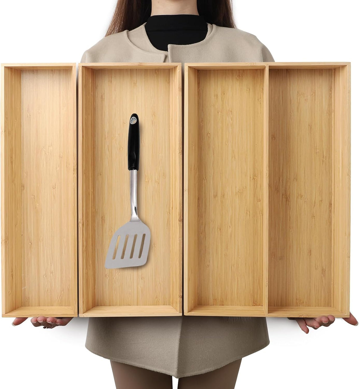 BAMOTTO CRAFTBAMBOO Stack Bamboo Drawer Organizer Set of 5, Kitchen Utensil, Flatware&Silverware Organizer-Wood Laminated Stackable for Kitchen, Bedroom, 13.4''x4.5''*2+10.2''x3.3''*2+10.2''x6.7''*1