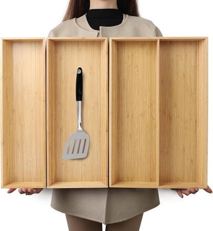 BAMOTTO CRAFTBAMBOO Stack Bamboo Drawer Organizer Set of 5, Kitchen Utensil, Flatware&Silverware Organizer-Wood Laminated Stackable for Kitchen, Bedroom, 13.4''x4.5''*2+10.2''x3.3''*2+10.2''x6.7''*1