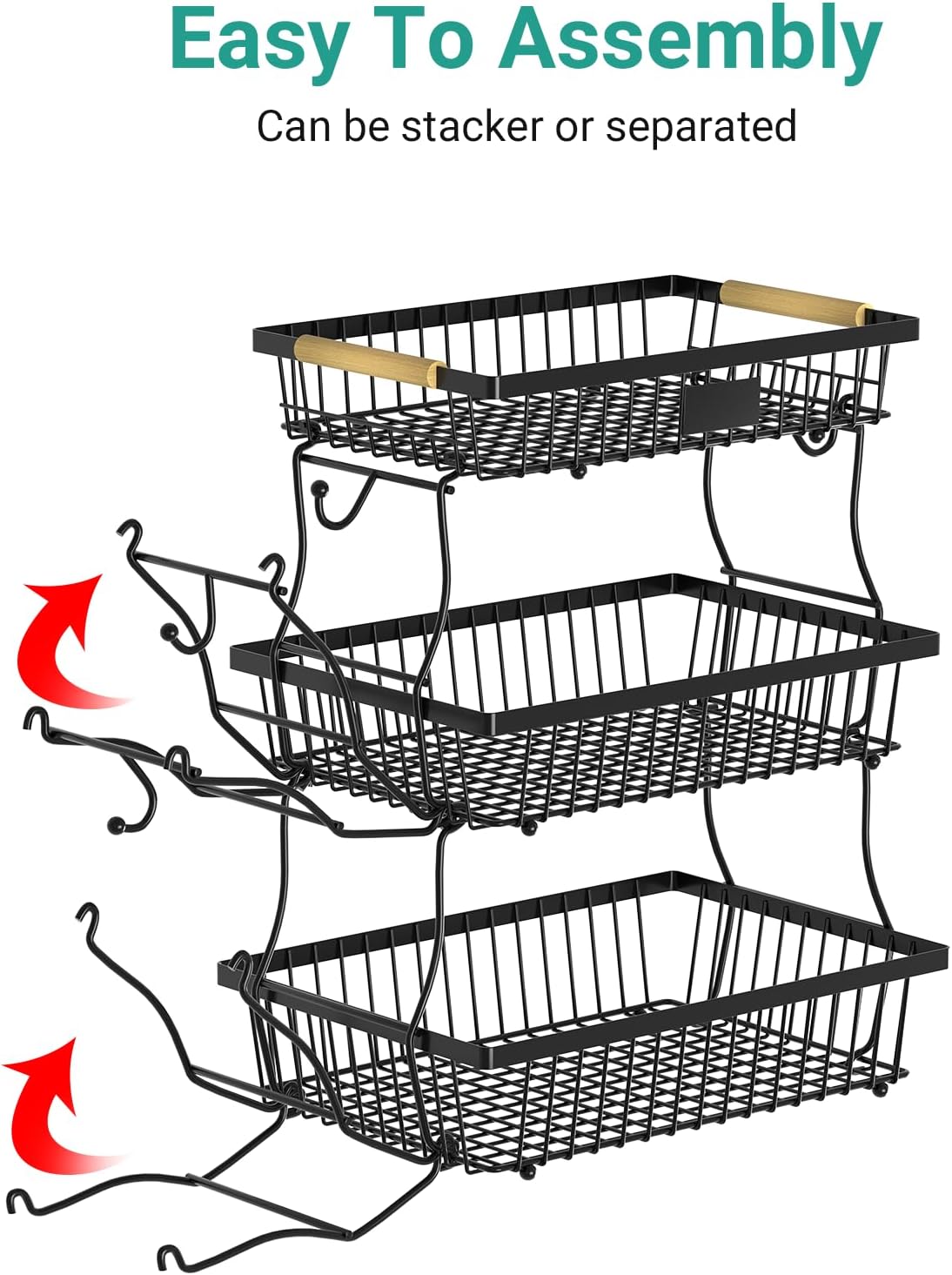 2 Tier Fruit Basket for Kitchen Counter with 2 Banana Hangers, Countertop Metal Bread Basket with Wooden Handle, Large Storage Stand for Vegetables, Snacks, Eggs, Produce Storage – Black