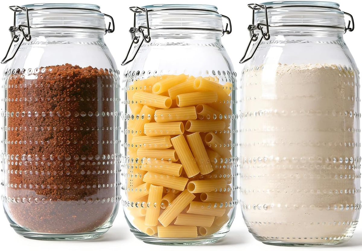 ComSaf 0.5 Gallon / 3 Pack Wide Mouth Glass Jars with Airtight Lids,Large Airtight Food Storage Containers for Pantry, Heavy-Duty Canister Set for Flour, Sugar, Cereal, Cookies, and Pet Food