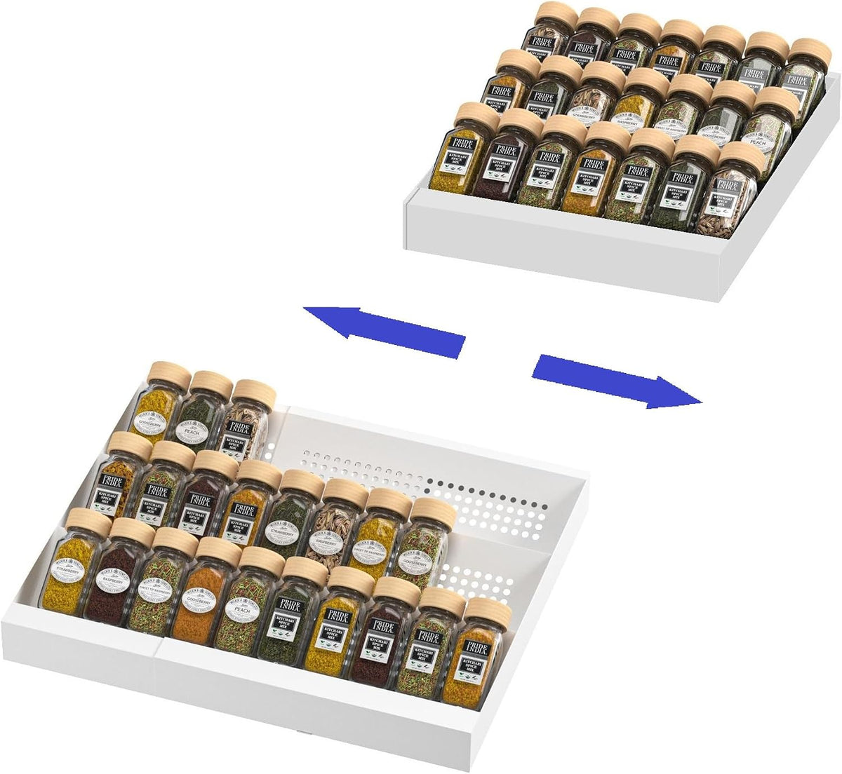 Expandable Metal Spice Drawer Organizer,3-Tier,Slanted Seasoning Jars Tray for Kitchen Cabinet Drawers Insert/Countertop (Jars not included)-3Tier /White