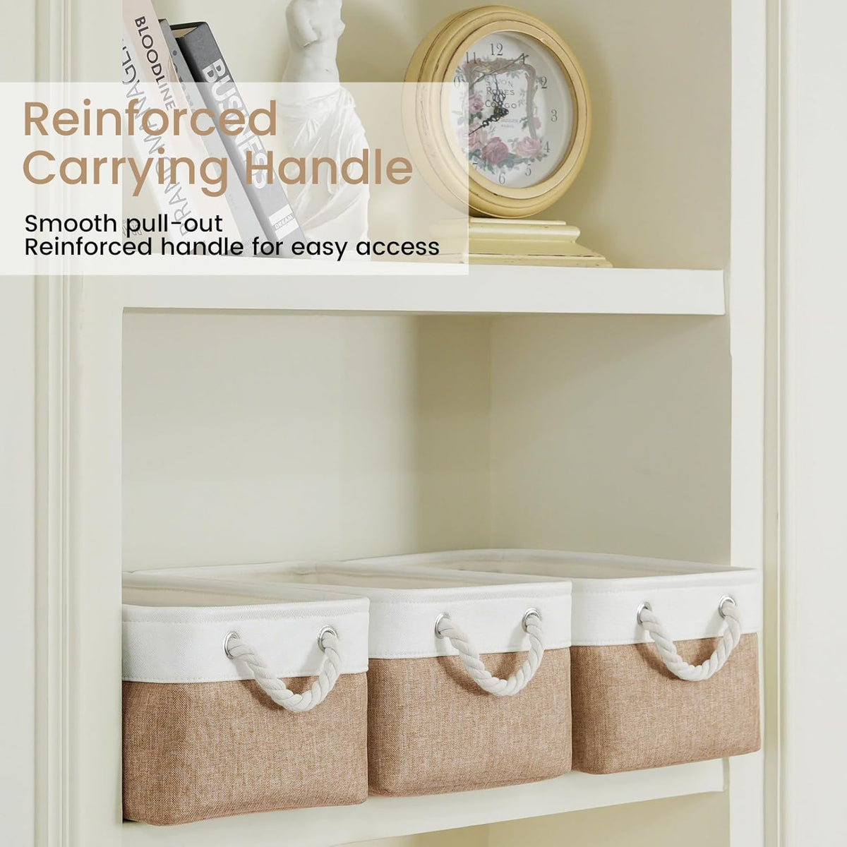 Large Storage Baskets- 15.7x11.8x8.26 inch Storage Bins for Shelves and Closet Organizing, Foldable Fabric Bin for Home Organization Clothes and Laundry (3-Pack, White&Khaki)