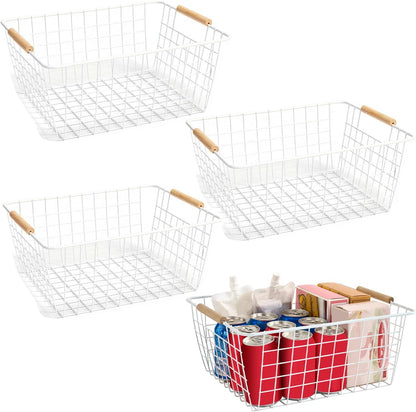 White Metal Wire Food Storage Basket with Wooden Handles for Organizing Snack Basket,Pantry Organizers and Storage for Kitchen Cabinets 4 Pack (Medium)