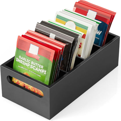 DRASTAR Pantry Organization and Storage Bins, Large Snack Organizer with Removable Dividers, Wooden Storage Caddy for Kitchen, Pantry, Cabinet, Countertop, Black