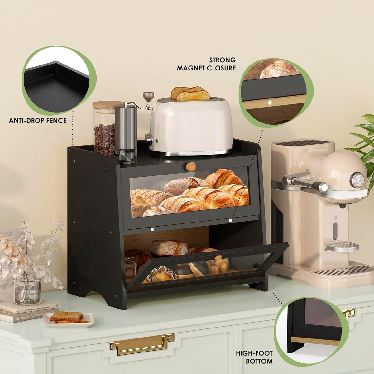 JANSNIMEN Double Layer Bread Box for Kitchen Countertop, Large Breadbox Bread Container Storage with Acrylic Door, Wooden Farmhouse Bread Holder (Black, Medim-15.7" L x 9.5" W x 13" H)
