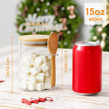 Glass Sugar Container with Spoon - 15oz Glass Jars with Bamboo Lid and Spoon, Bamboo Lid Storage Jar Canister for Coffee Beans, Spice, Brown Sugar, Tea, Flour, Nuts, Candy, Salts and More