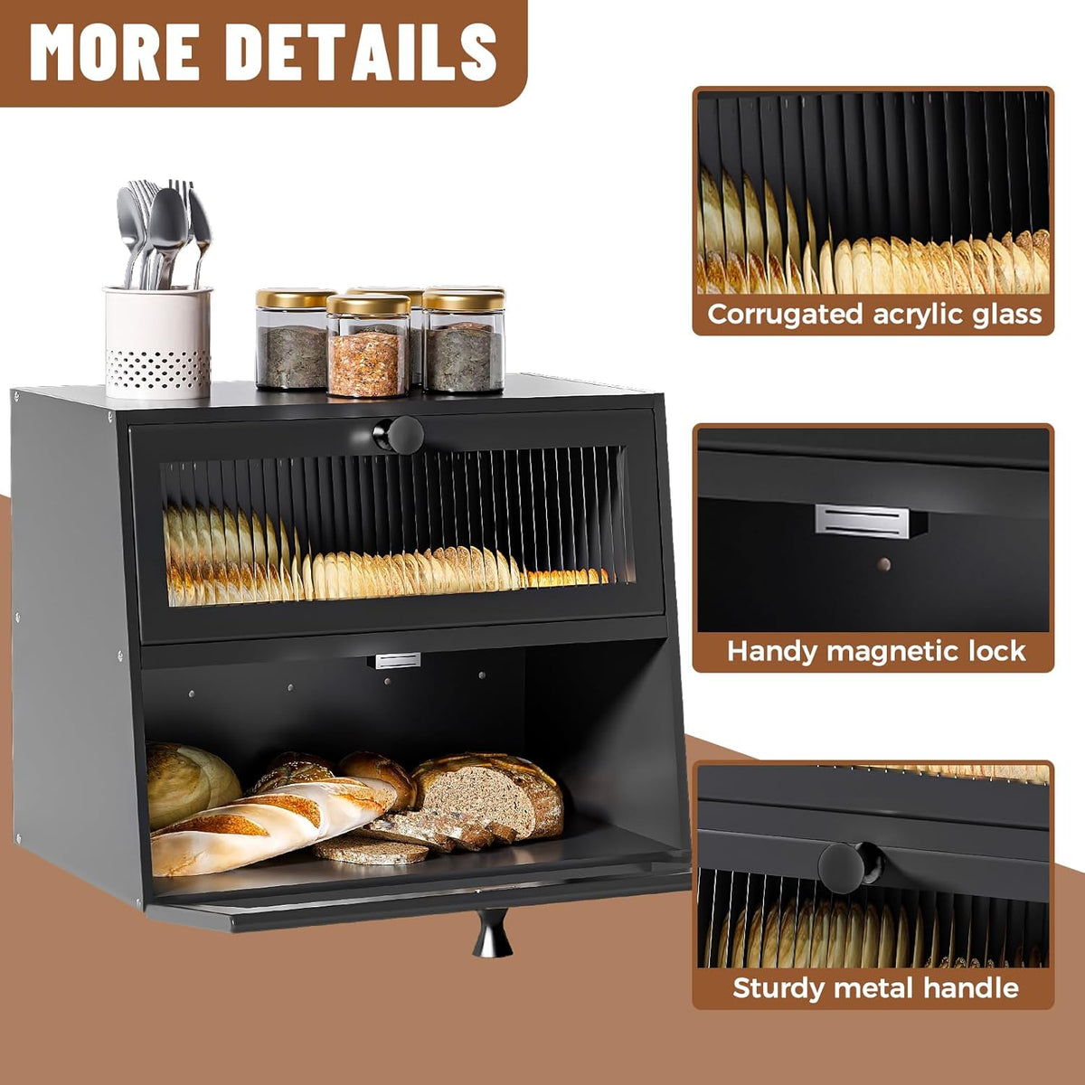 Bread Box for Kitchen Countertop,Extra Large 2 Layer Breadbox Wooden Farmhouse Bread Storage Container Bread Bin Bread Holder Food Organizer Pantry Shelf Acrylic Window(Black)