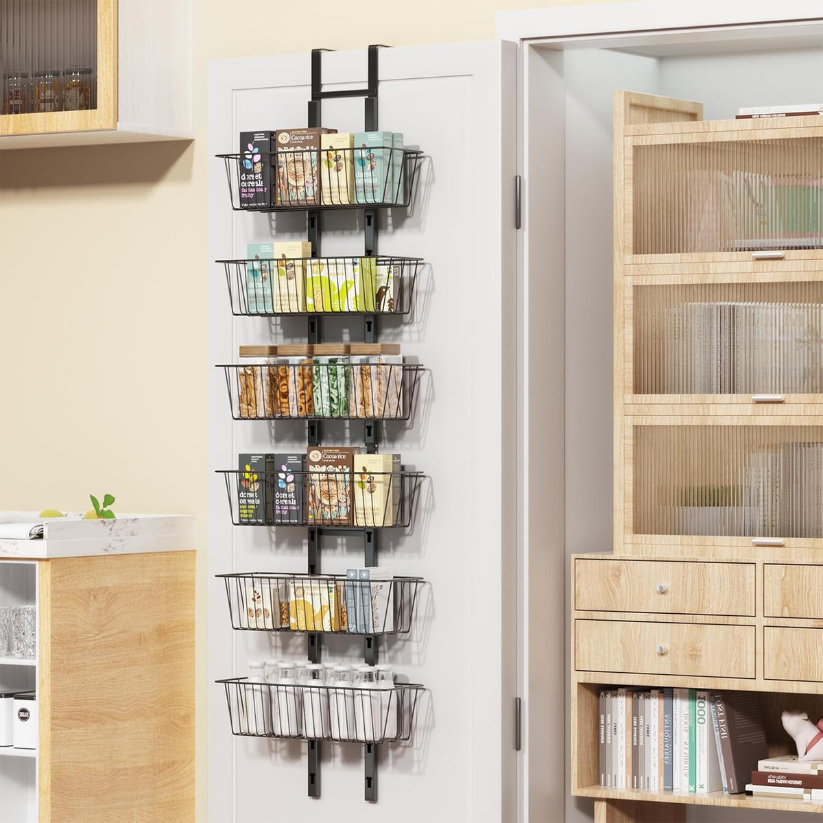 10 Tier Over the Door Pantry Organizer, Over the Door Spice Rack with Adjustable Baskets, Metal Hanging Door Pantry Organizers and Storage for Kitchen Bathroom Bedroom, White