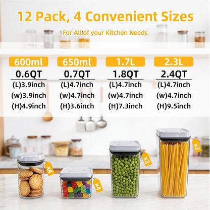 Pop Airtight Food Storage Containers with Lids, Push Button Seal BPA-Free for Kitchen Pantry Organization, 0.65Qt/0.7Qt/1.8Qt for Cereal, Flour, Sugar, Snacks Dry Food Storage