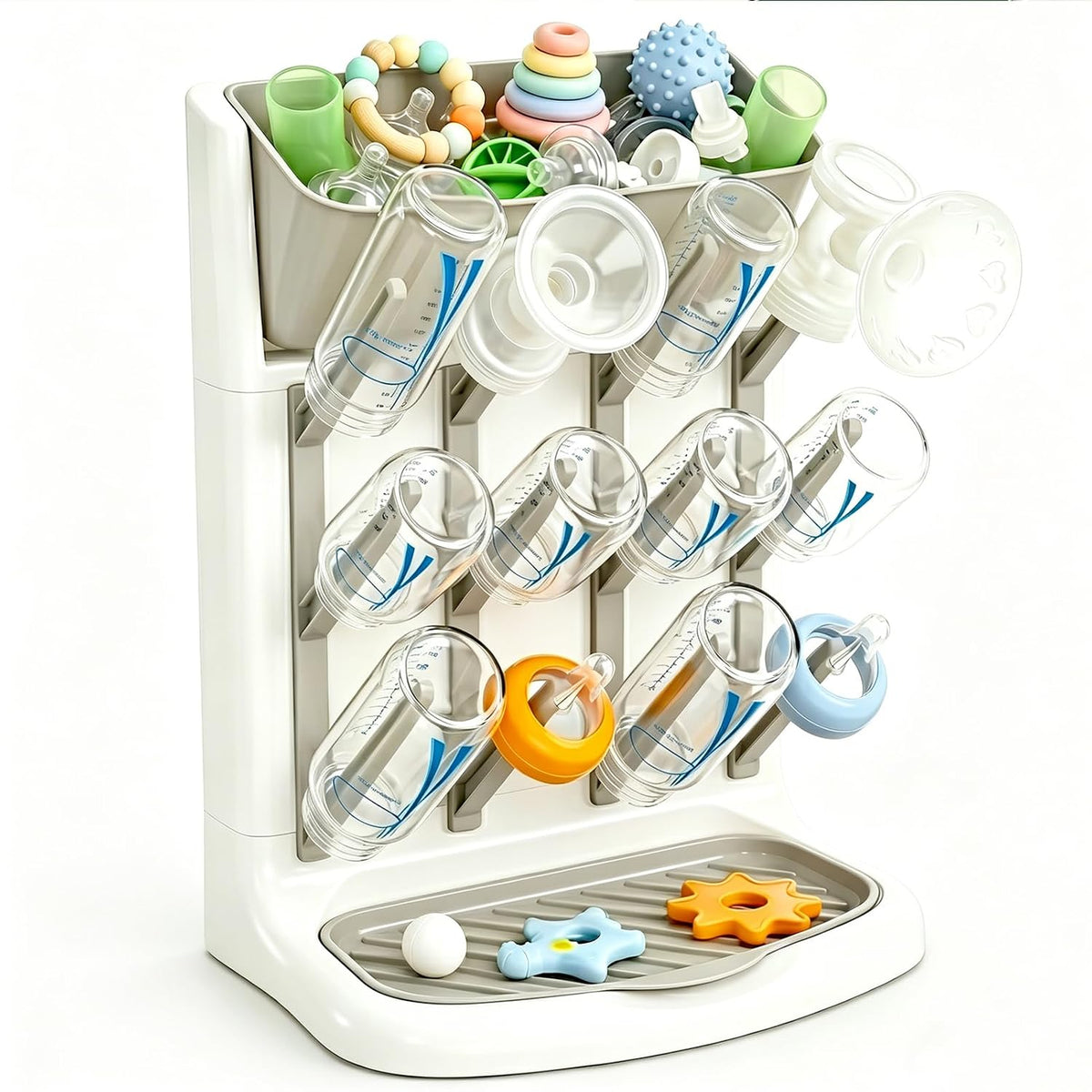 GoMaihe Baby Bottle Drying Rack: Space Saving Vertical Bottle Dryer Holder - Newborn Accessories Storage Stand Organize Brushes Pacifiers on Countertop - BPA-Free - Gray