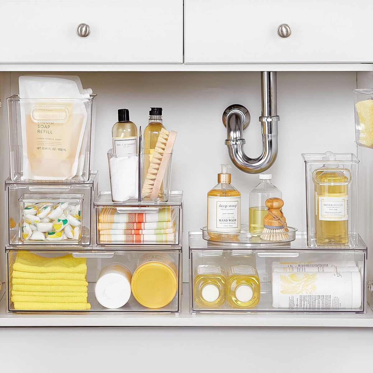 mDesign Plastic Modern Kitchen, Pantry Food Storage Container Bin w/ Handles - Cabinet, Fridge/Freezer, Countertop Organizer - Snacks/Drink/Appliances; Ligne Collection, Clear, 10x5x8 (Pack of 2)