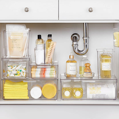 mDesign Plastic Modern Kitchen, Pantry Food Storage Container Bin w/ Handles - Cabinet, Fridge/Freezer, Countertop Organizer - Snacks/Drink/Appliances; Ligne Collection, Clear, 10x5x8 (Pack of 2)