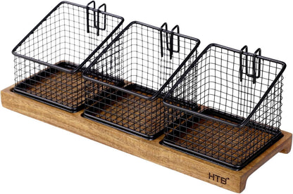 HTB 2 Tier Tea Organizer for Tea Bags, Tea Bag Holder with Acacia Wood Stand and 6 Removable Metal Basket for Sugar Packets, Sweeteners, Creamers for Cabinet, Countertop or Wall-mounted